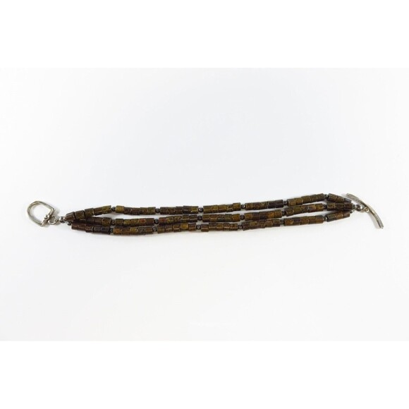 7 1/2" Triple Strand Bronzite 4mm Tube Sterling Silver Beaded Toggle Bracelet - Picture 4 of 12